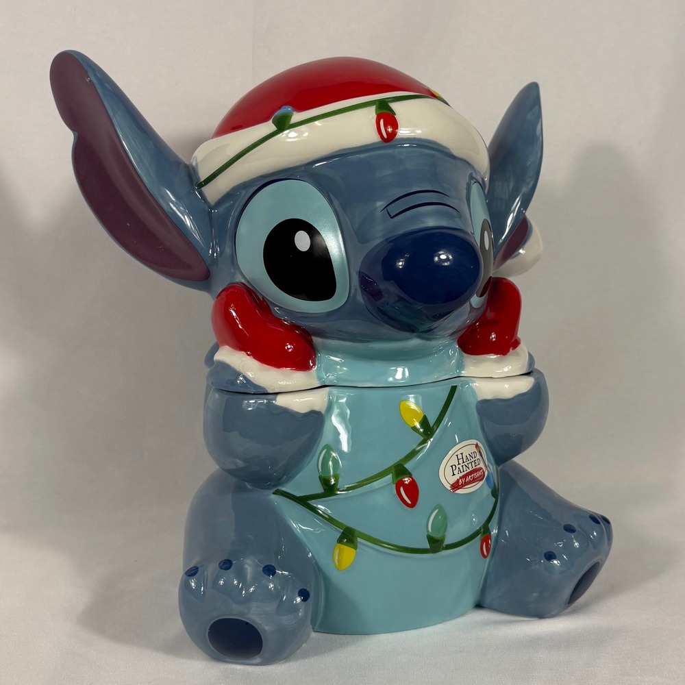 Disney Stitch Christmas Cookie Jar Hand Painted Ceramic Santa Hat Lights - Picture 3 of 12